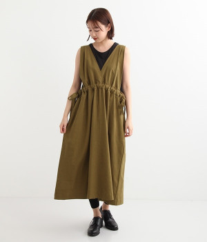 リネンサイドリボンワンピース(オリーブ-ONESIZE)