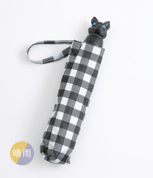 木彫り動物の晴雨兼用折りたたみ傘(ネコ×チェックブラック-ONESIZE)