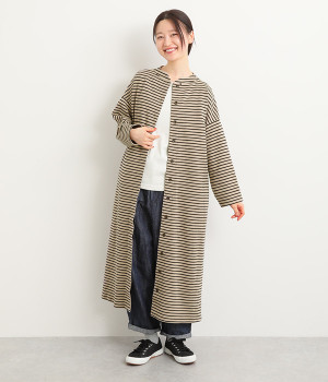 コットンポンチボーダー2wayワンピース(ブラック×ベージュ-ONESIZE)