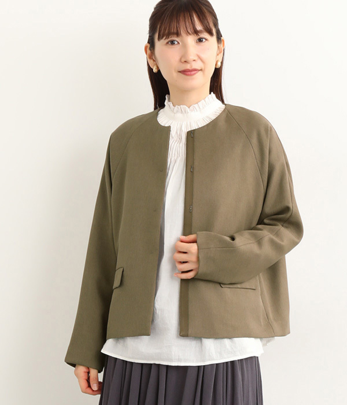 ツイルストレッチノーカラージャケット(カーキ-ONESIZE)