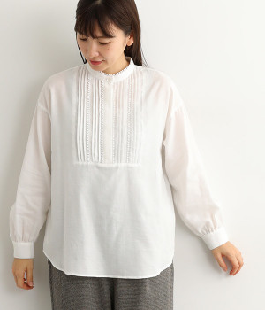 レース付きピンタックブラウス(オフホワイト-ONESIZE)