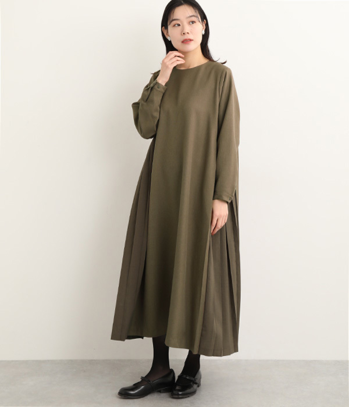 ツイルストレッチサイドプリーツワンピース(カーキ-ONESIZE)