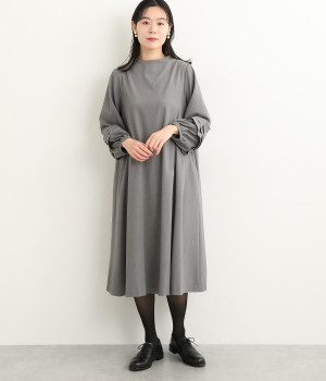 ギャバストレッチタックスリーブワンピース(グレー-L)