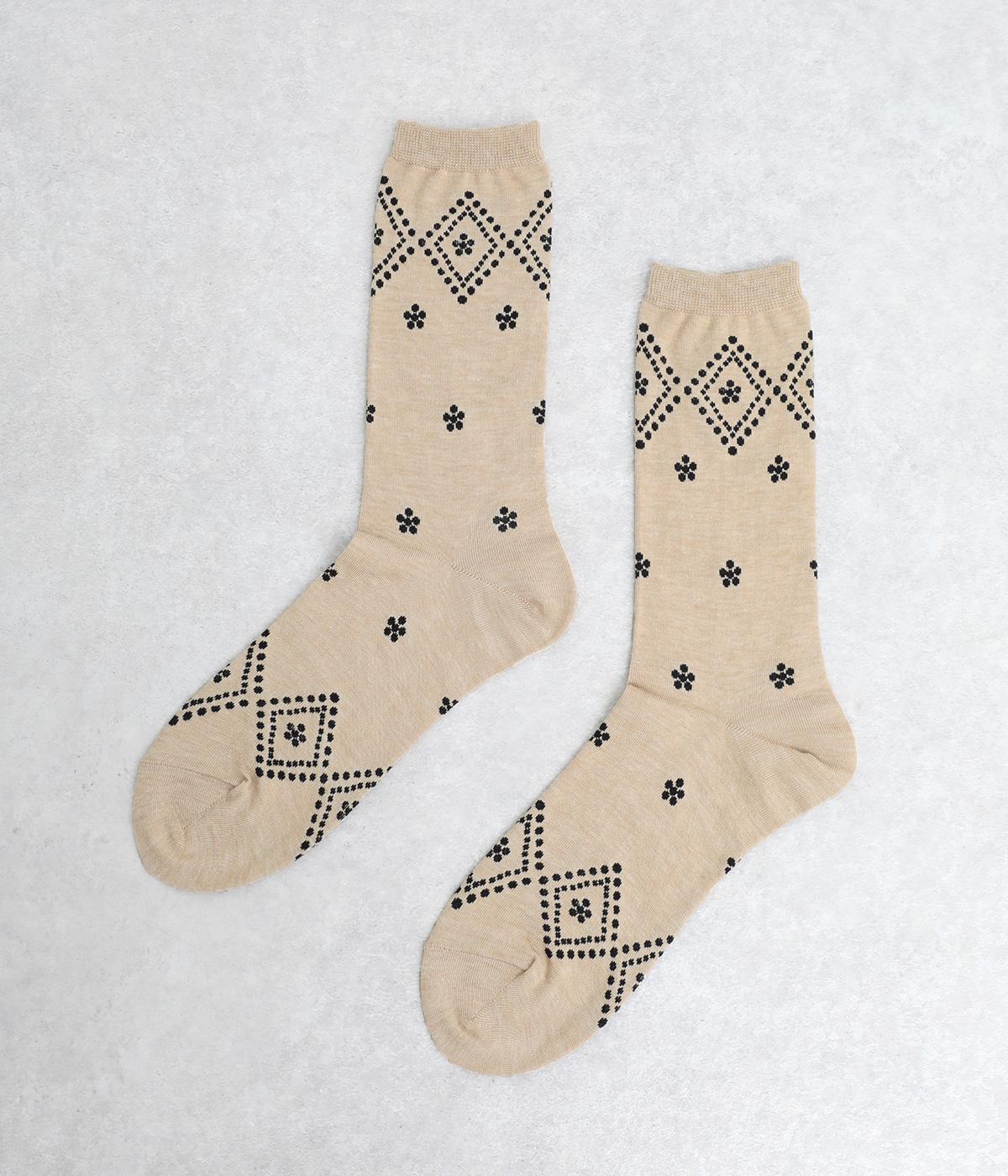 ドット格子花柄ソックス(杢サンド-F)