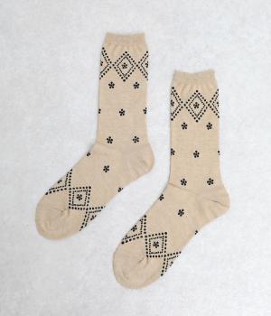 ドット格子花柄ソックス(杢サンド-F)