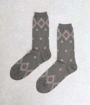 ドット格子花柄ソックス(チャコール-F)