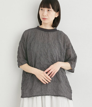コットンシャーリングTブラウス(ブラック×グレーギンガム-ONESIZE)