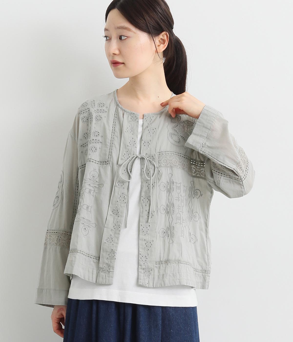 インドコットンボイル パッチワーク刺繍ブラウス(アイスグレー-38)