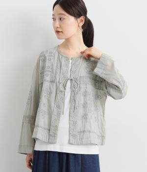 インドコットンボイル パッチワーク刺繍ブラウス(アイスグレー-38)