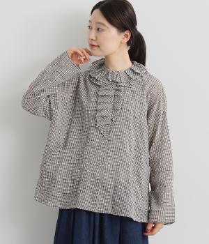 シャーリングフリルシャツジャケット(ブラウン系ギンガム-38)