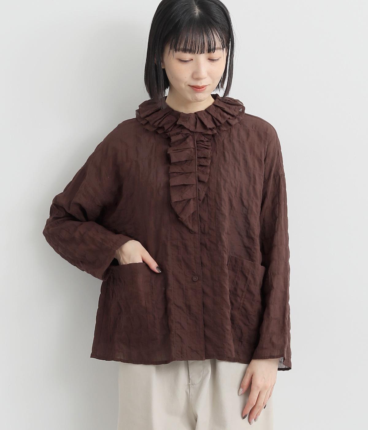 シャーリングフリルシャツジャケット(ブラウンストライプ-38)