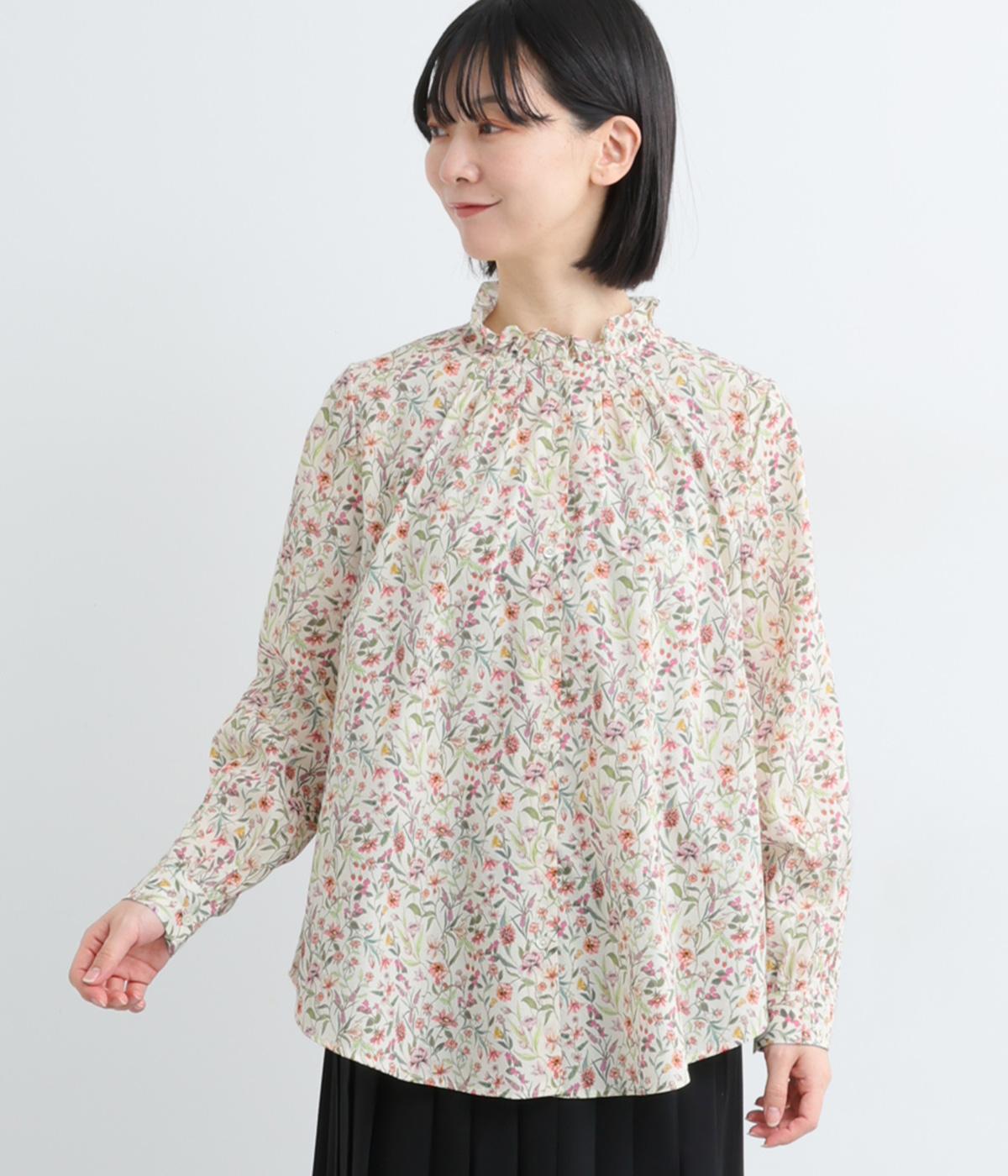 リバティプリント　コットンフリルブラウス(Megumi花柄ホワイト-38)