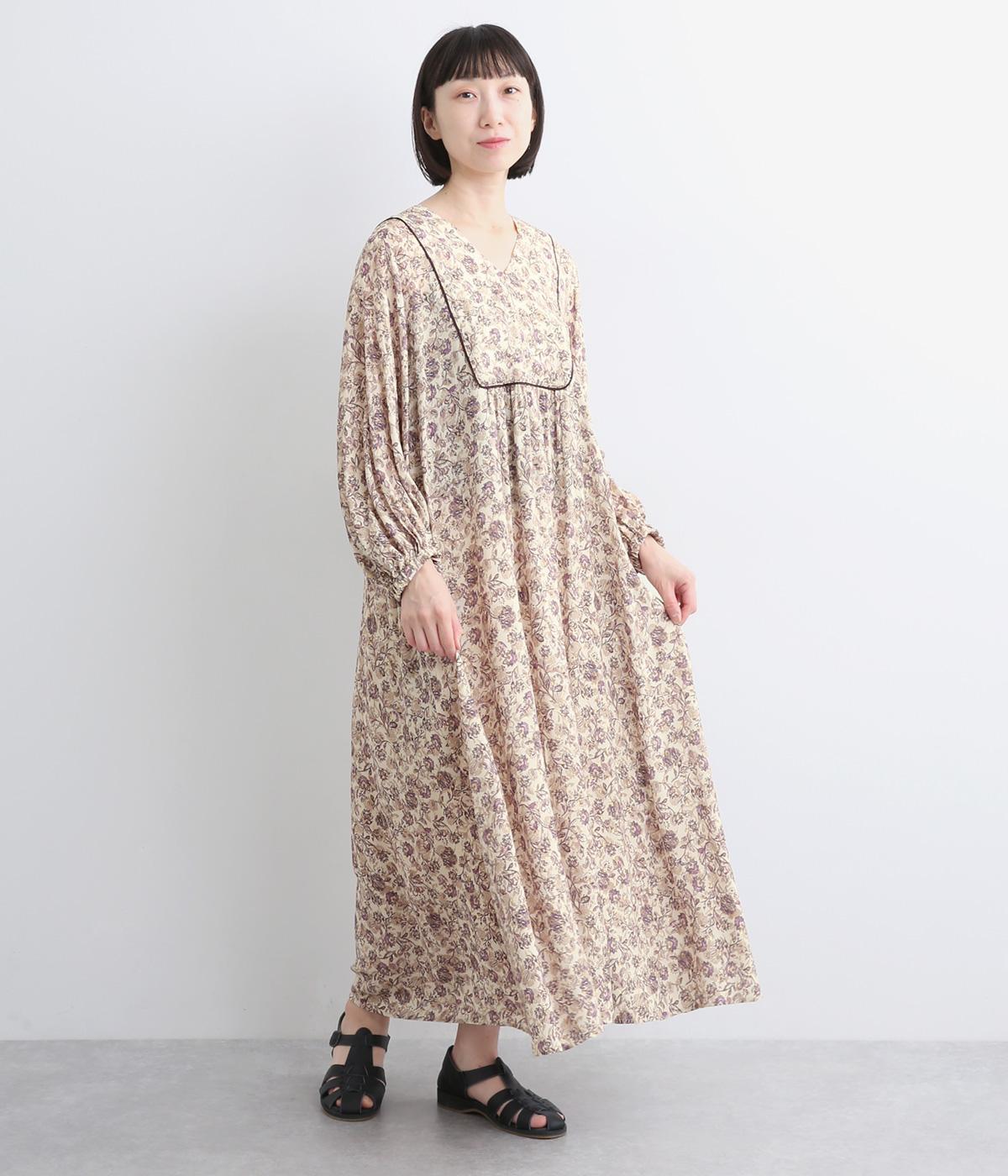 デヴォープリントヨーク切替えAラインワンピース(オフ×パープル-38)