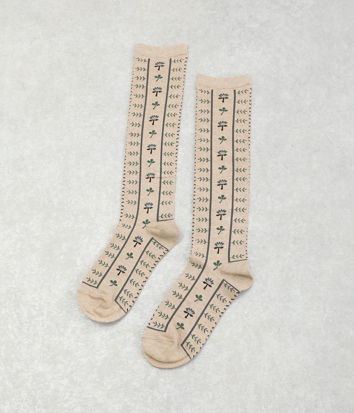 植物柄ハイソックス(杢ベージュ-F)