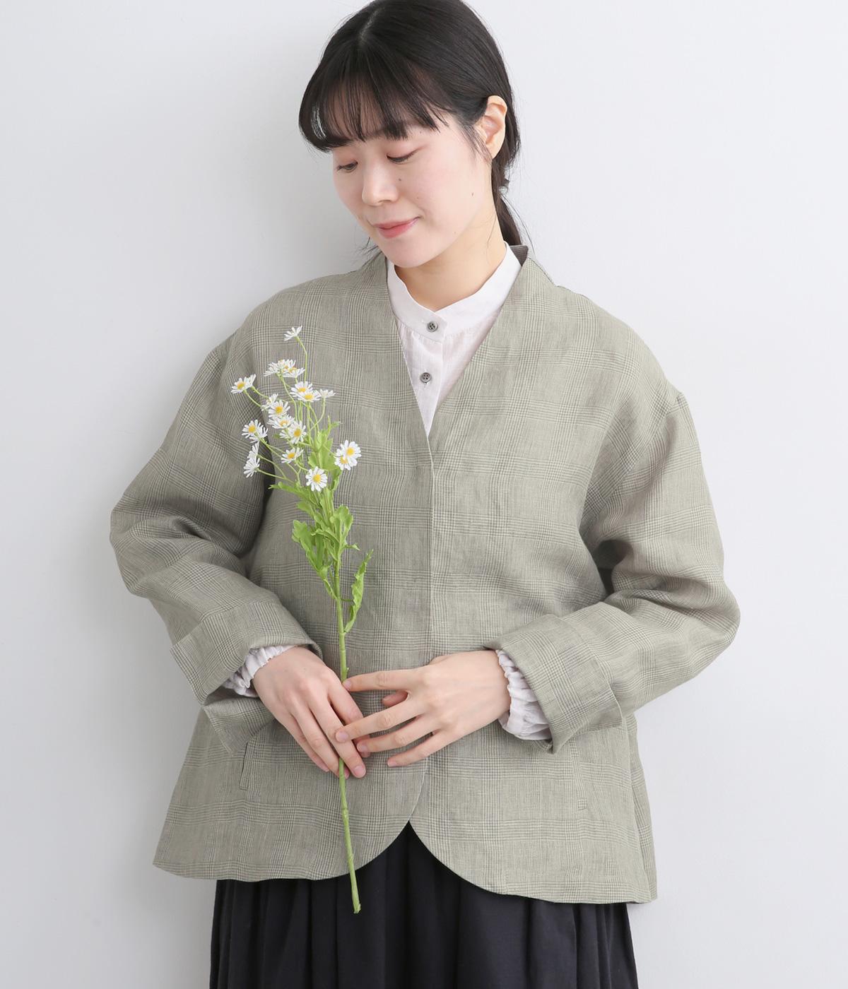 リネングレンチェックジャケット(グレー系-38)