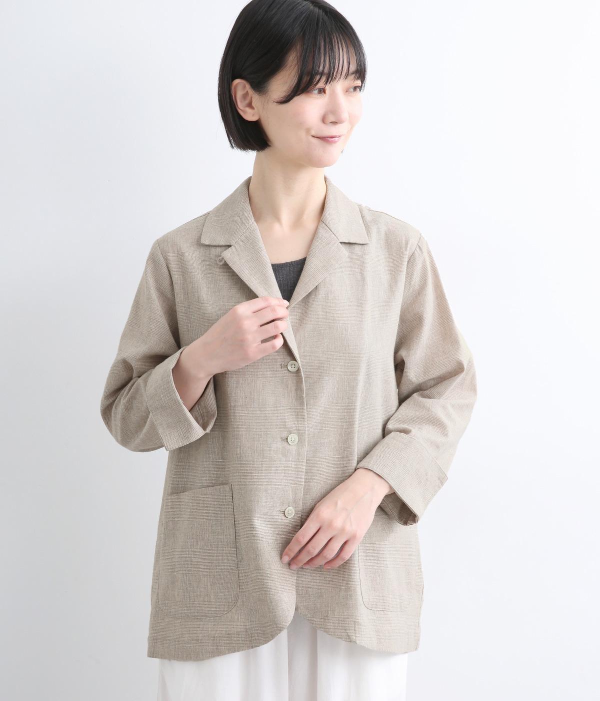 グレンチェックコットンリネン　ジャケット(ベージュ系-38)