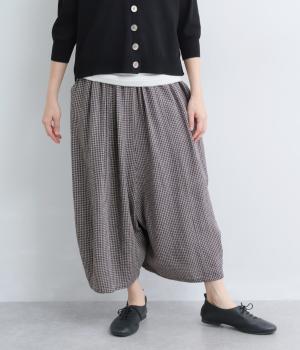シャーリングクロップドサルエルパンツ(ライトグレー系ギンガム-38)