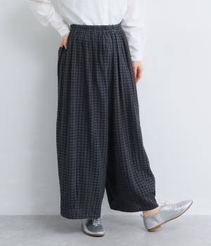 シャーリングワイドサルエルパンツ(ブルー系ギンガム-38)