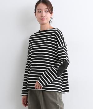 エルボーパッチボーダーバスクシャツ(ブラックボーダー-F)