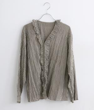 クリンクル加工Vネックフリルシャツ