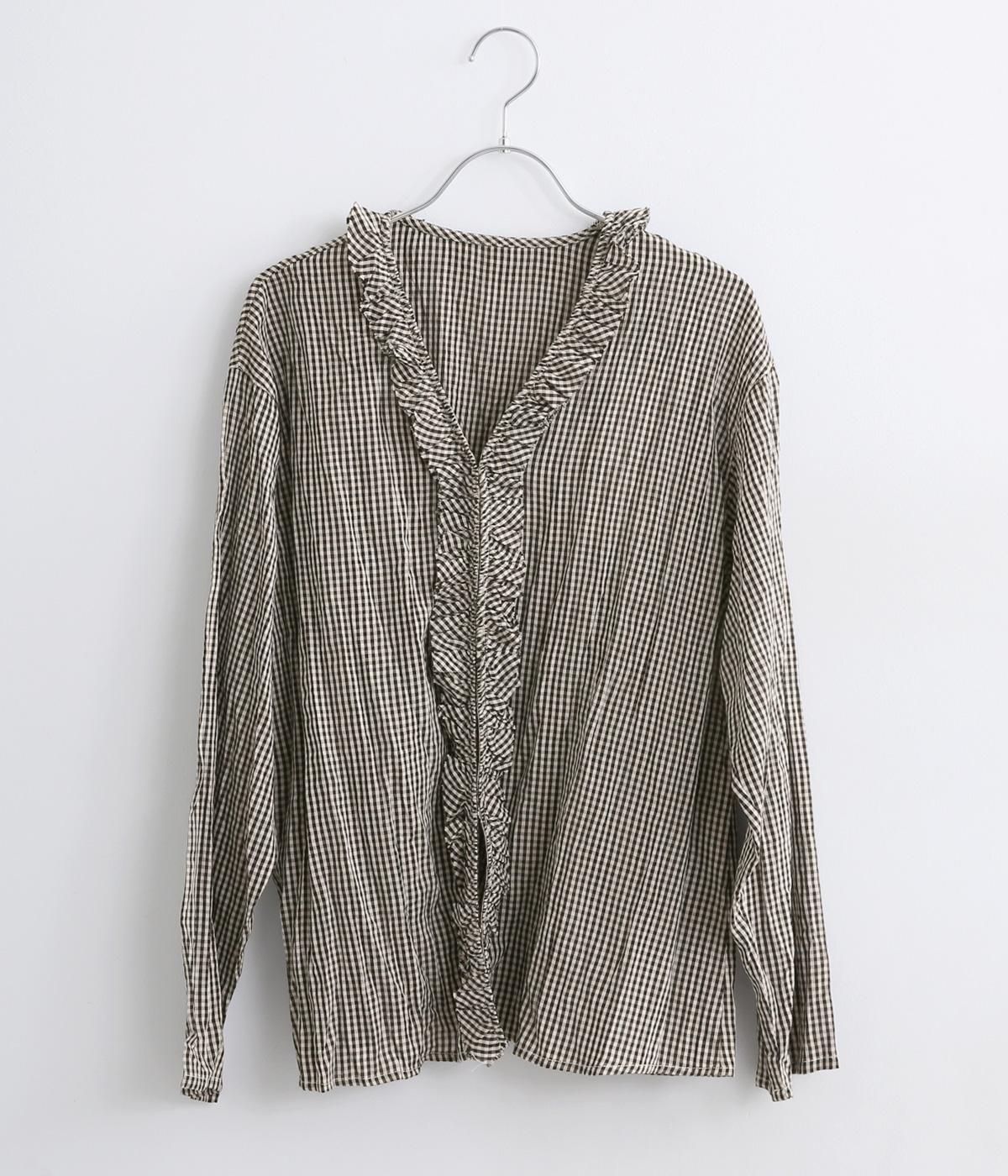 クリンクル加工Vネックフリルシャツ(ギンガムチェック-38)