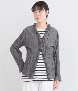 クリンクル加工Vネックフリルシャツ(ネイビー-38)