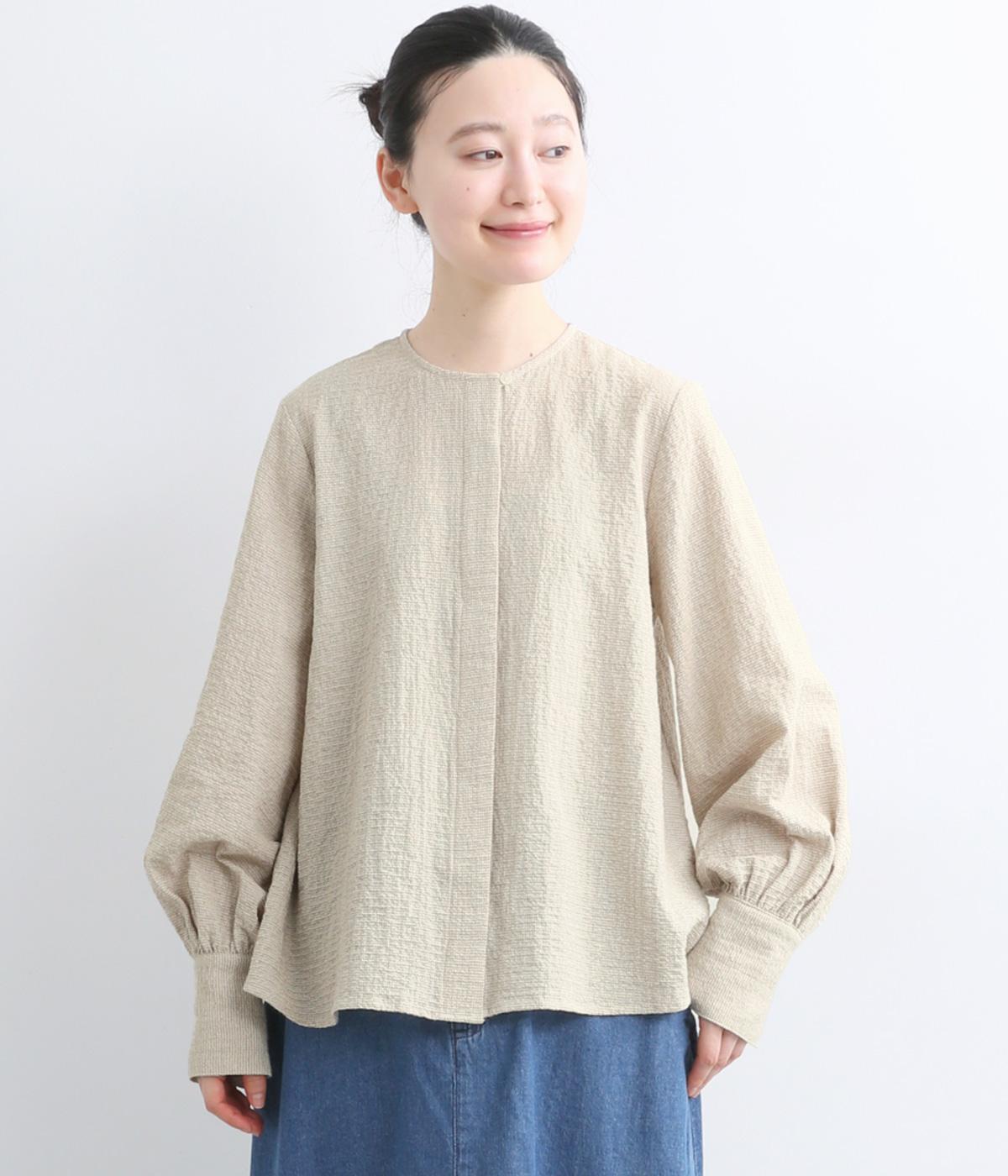 ワッフル千鳥ラウンドカラーシャツ(ホワイト×ベージュ-38)