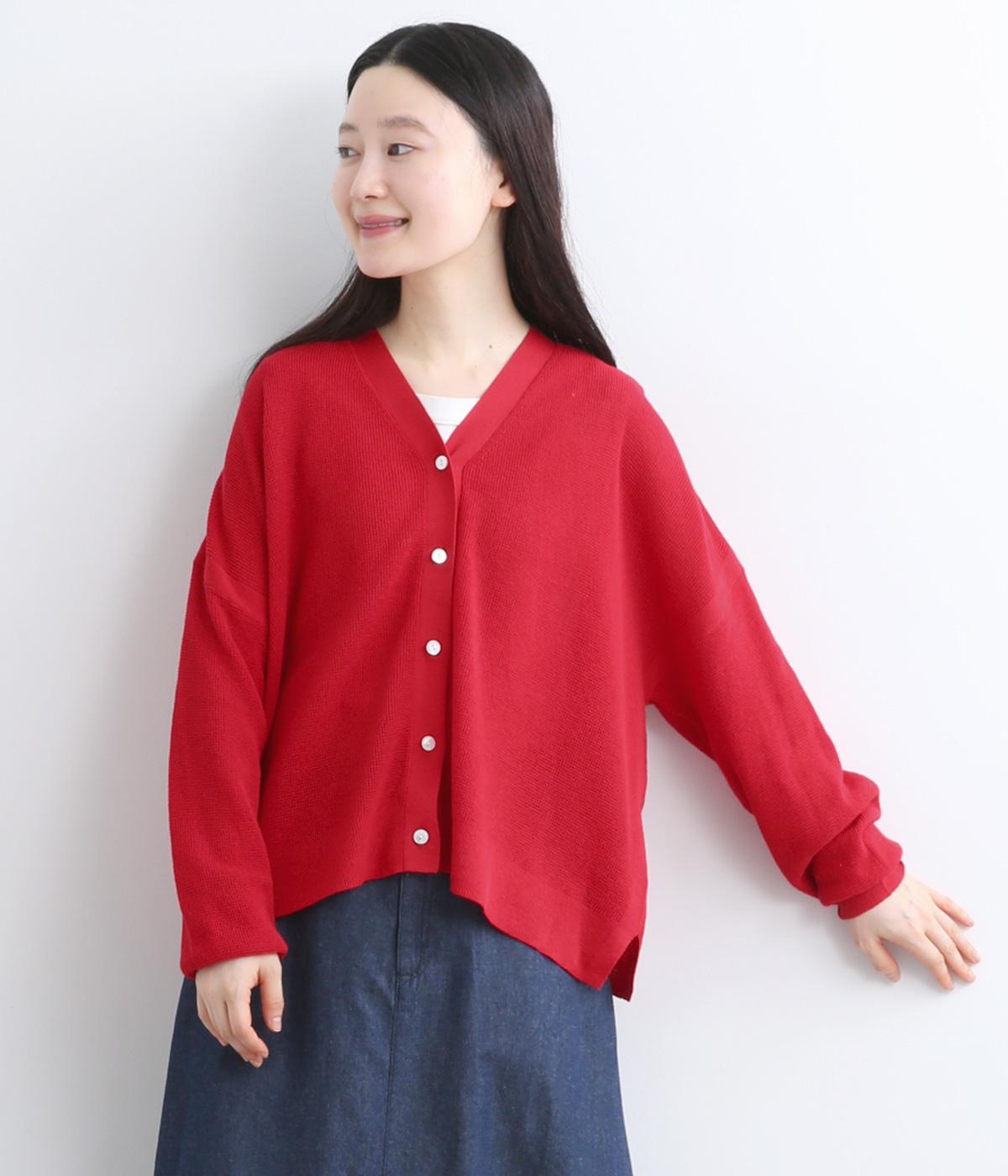 リネンコットンワッフル編みVカーディガン(レッド-38)