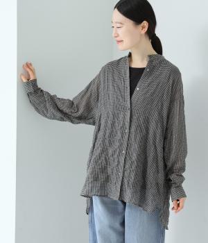 シャーリング　バンドカラーロングシャツ(クロ×グレーギンガム-38)