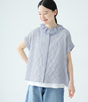 シャーリング　ワイドシルエットフリルブラウス(ストライプ-38)