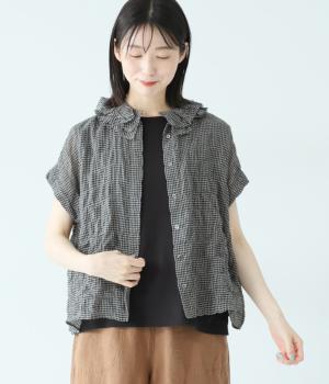 シャーリング　ワイドシルエットフリルブラウス(クロ×グレーギンガム-38)