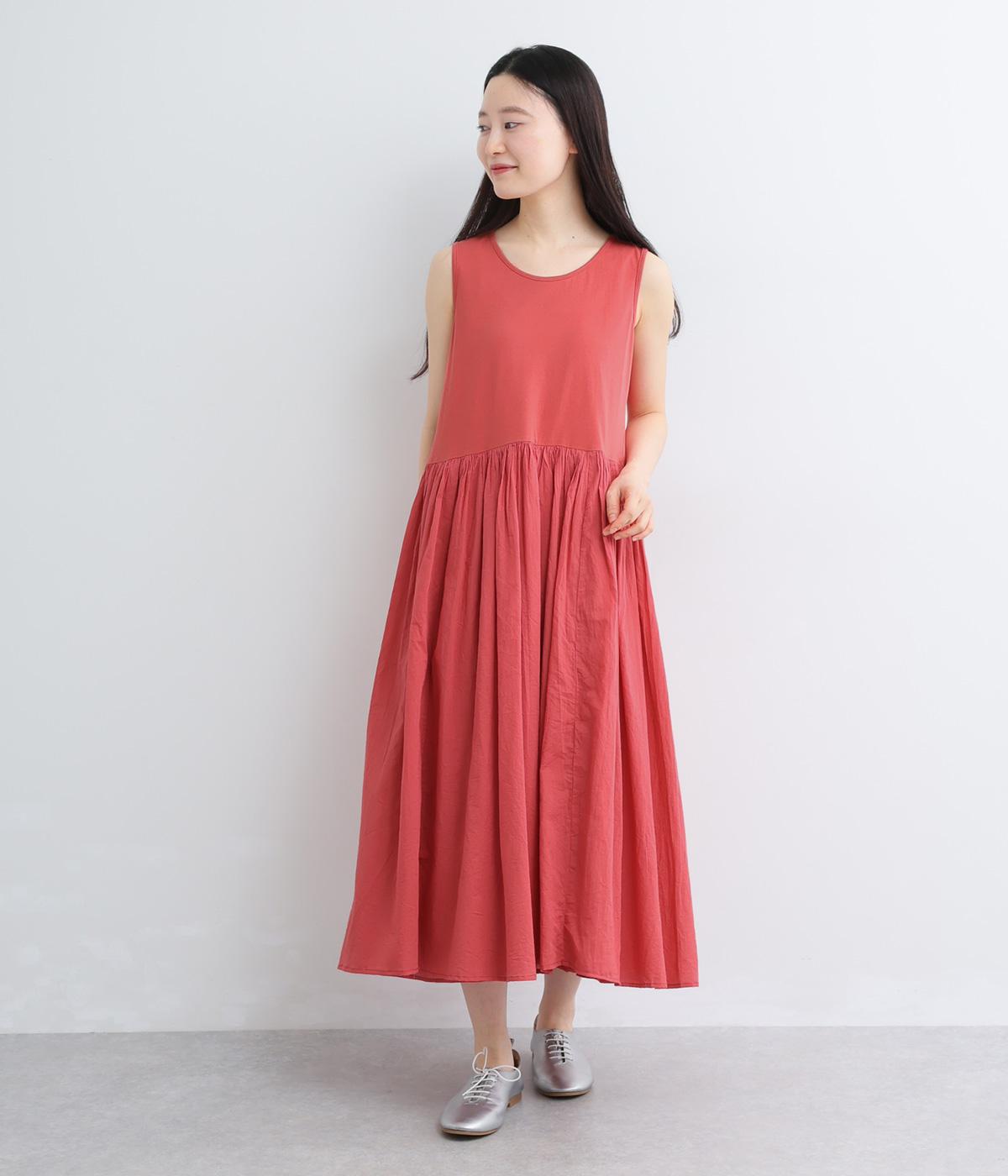 コットン天竺×コットンボイル　ノースリーブワンピース(レッド-F)