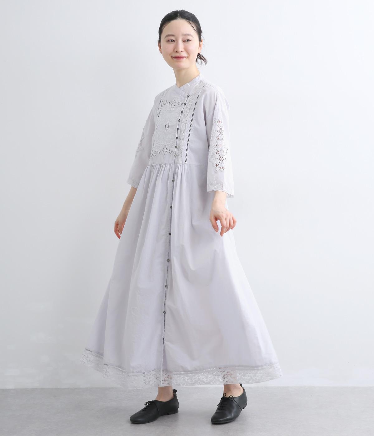 コットンポプリン刺繍ワンピース(ブルーグレー-38)