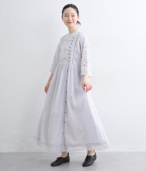 コットンポプリン刺繍ワンピース(ブルーグレー-38)