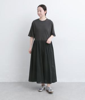 コットン天竺×コットンボイル　ドルマンスリーブワンピース(ブラック-F)