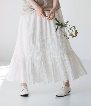 インドコットンクリンクルギャザー切替スカート(ホワイト-ONESIZE)