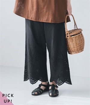 コットンリネン スカラップパンツ(ブラック-ONESIZE)