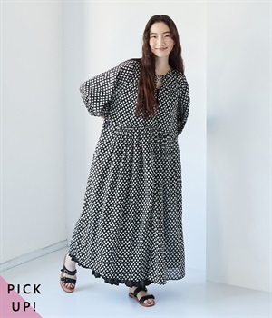 コットン6分袖ギャザーワンピース