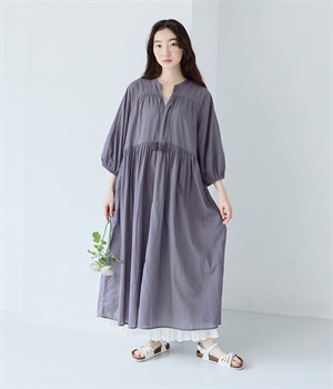 コットン6分袖ギャザーワンピース(チャコール-ONESIZE)