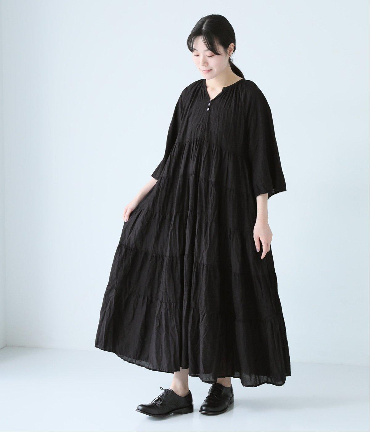 コットン刺繍ティアードワンピース(ブラック-ONESIZE)