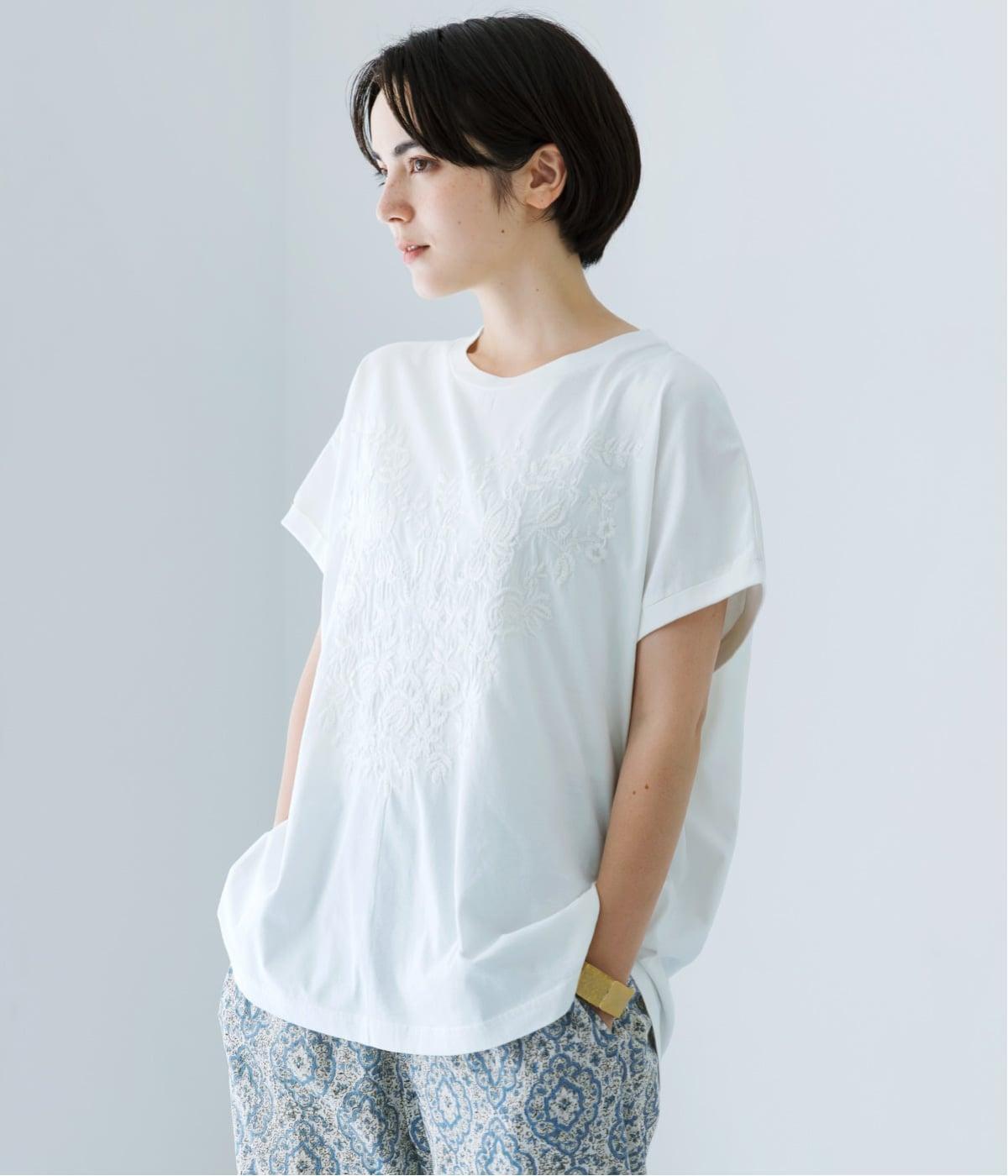 ボタニカル刺繍ワイドTシャツ(オフホワイト-F)