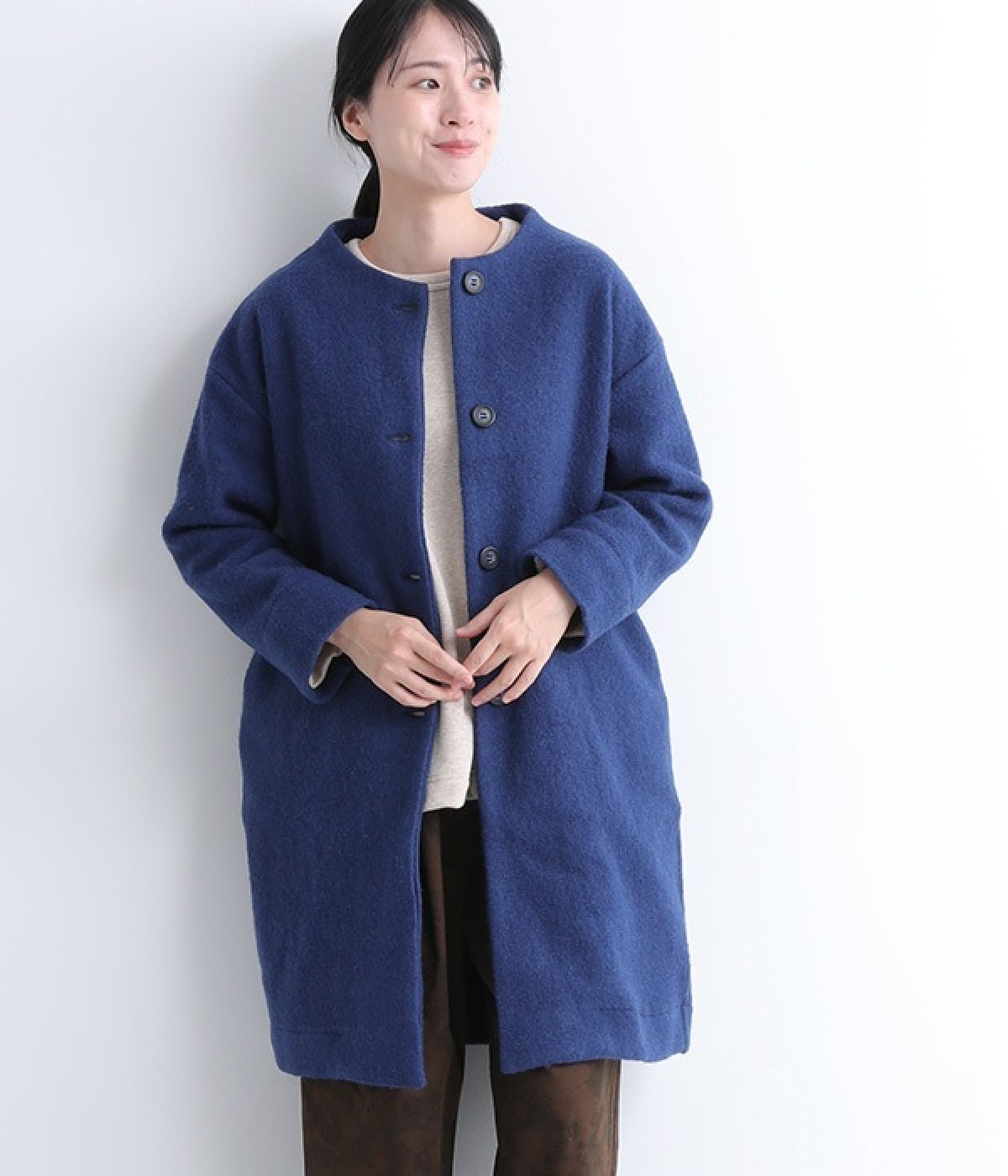 圧縮ウール　モックネックコート(ブルー-ONESIZE)