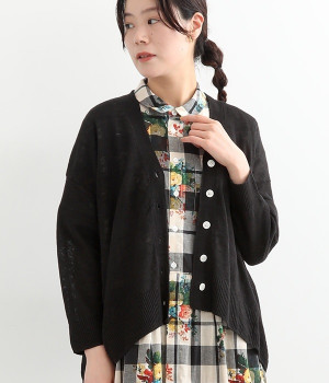 UVカットリネン　Vネックカーディガン(ブラック-ONESIZE)