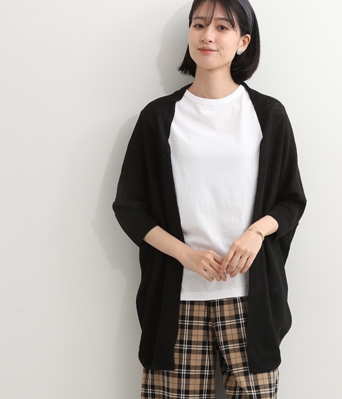 UVカットリネン　ミディアム丈カーディガン(ブラック-ONESIZE)