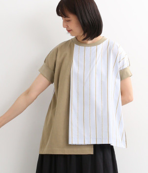 ストライプ切替フレンチスリーブTee(ベージュ×ブルー系-ONESIZE)