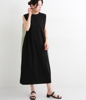 ストライプ切替　肩タックノースリーブワンピース(ブラック×グリーン系-ONESIZE)