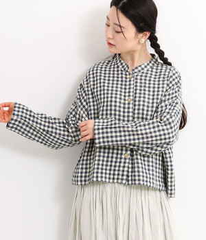 チェックダブルガーゼ　ショートブラウス(ネイビー-ONESIZE)