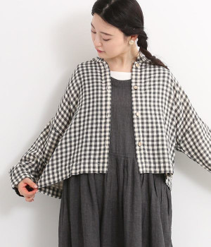 チェックダブルガーゼ　ショートブラウス(ブラック-ONESIZE)