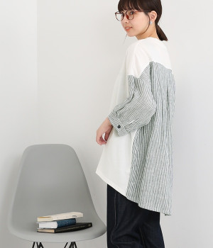 天竺×リネン　切替プルオーバー(オフホワイト×ストライプ-ONESIZE)