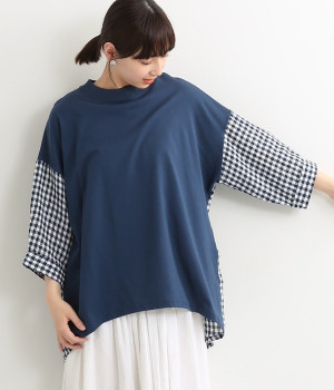 天竺×リネン　切替プルオーバー(ネイビー×チェック-ONESIZE)